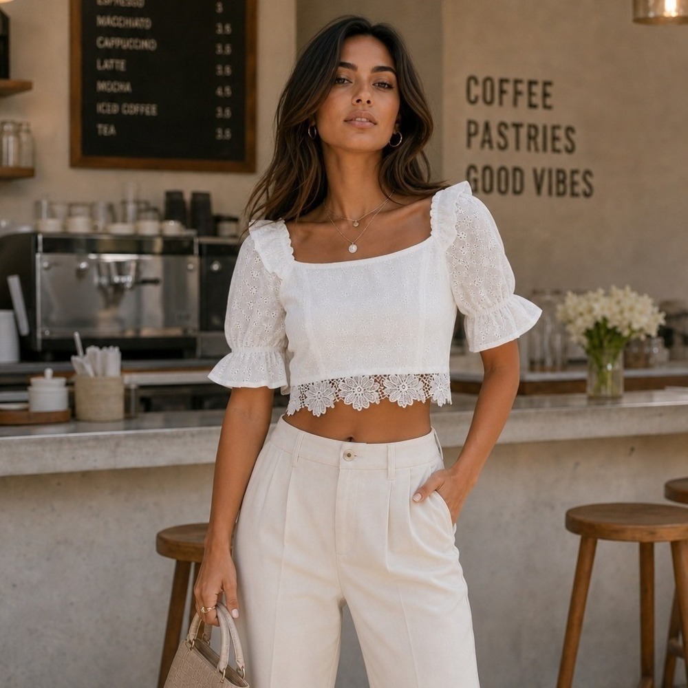 White Eyelet Lace 100% Cotton Crop Top Puff Sleeve Smocked Back Boho Size M NWT